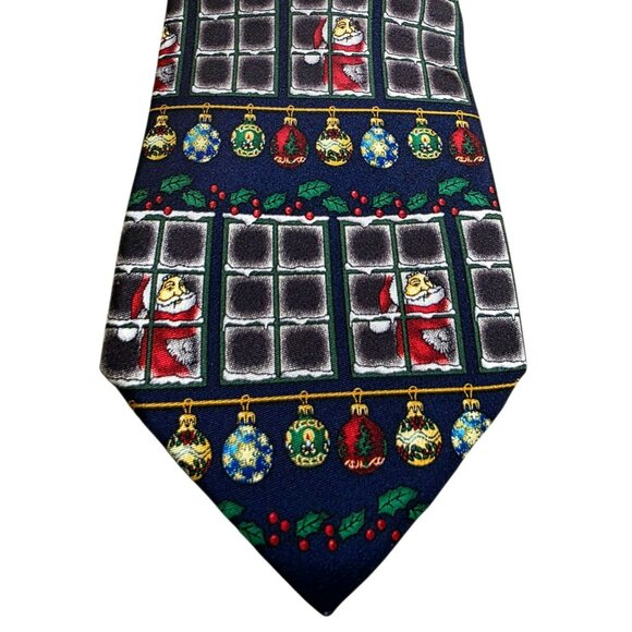 New Santas Dream Silk Christmas Neck Tie Santa Window Ornament Holly Holiday VTG - Picture 2 of 6